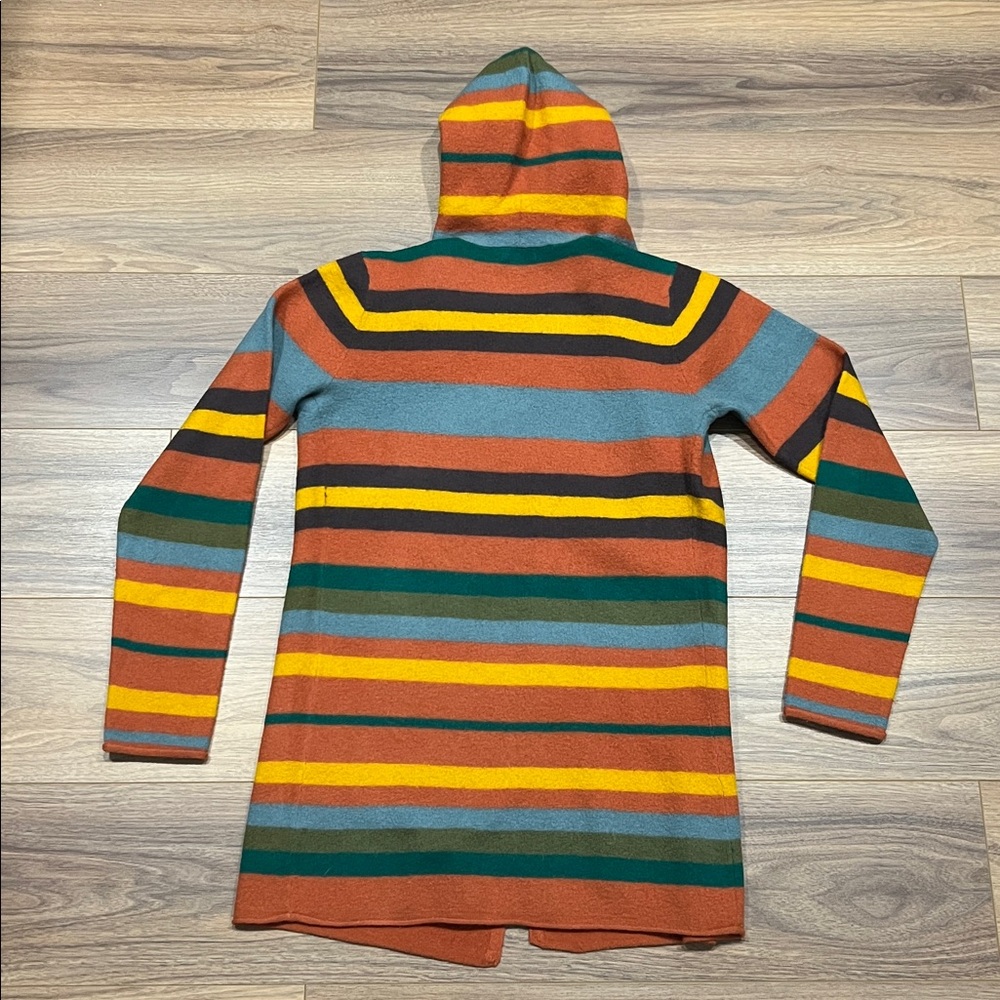 Toad & Co Heartfelt Merino Wool Hoodie in Orange/Yellow/Olive Green/Blue Medium - Picture 12 of 13